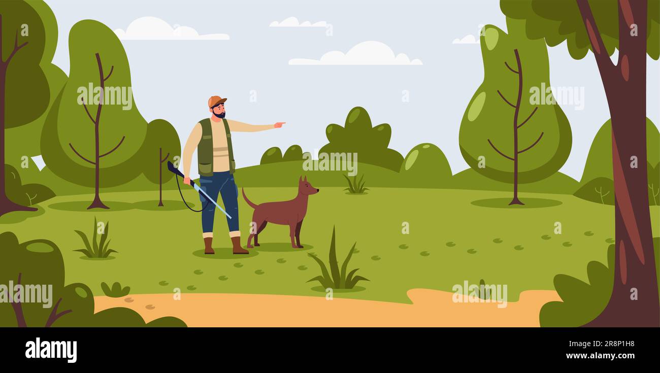 Abbildung: Jagd. Cartoonjäger, die eine Waffe in der Hand halten und mit Waffe und Ausrüstung auf das Ziel zielen, Natur-Freizeitaktivitäten flacher Stil. Vektorillus Stock Vektor