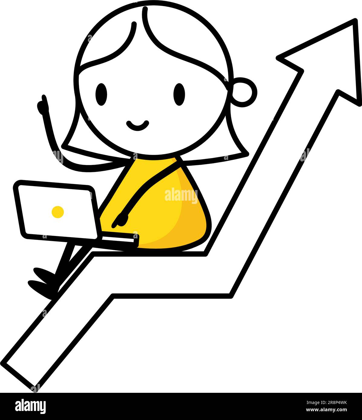 Comic-Frau sitzt auf Pfeil mit Laptop. Gewinnwachstum, wirtschaftlicher Aufschwung oder wachsende Investitionen, Finanzprognosen oder Prognosekonzept, Erfolg Stock Vektor