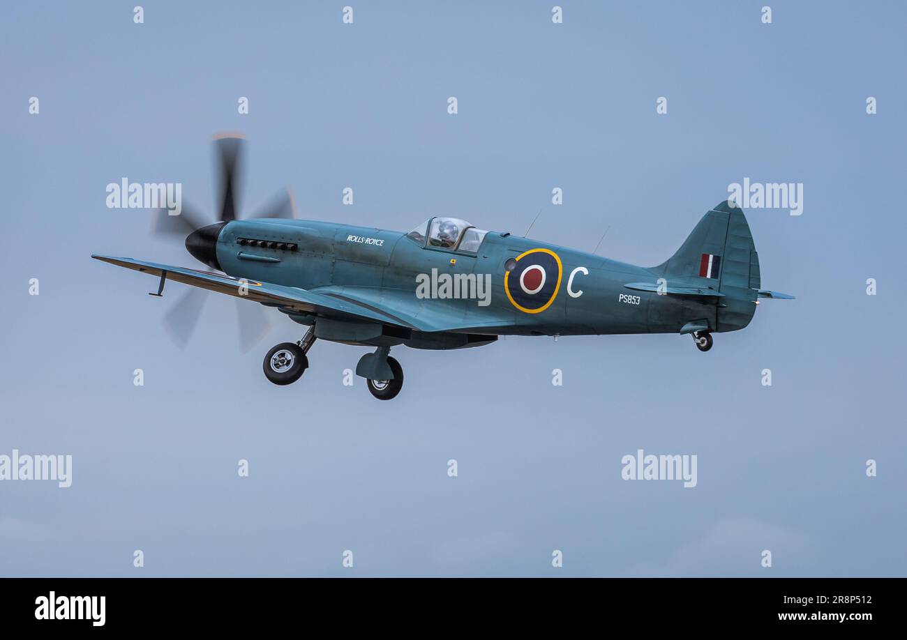 Eines der neuesten Modelle von Spitfire, der Rolls Royce PR Mk. XIX, ich bin gerade erst abgehauen. Er läuft einen Rolls Royce Griffon-Motor. Stockfoto