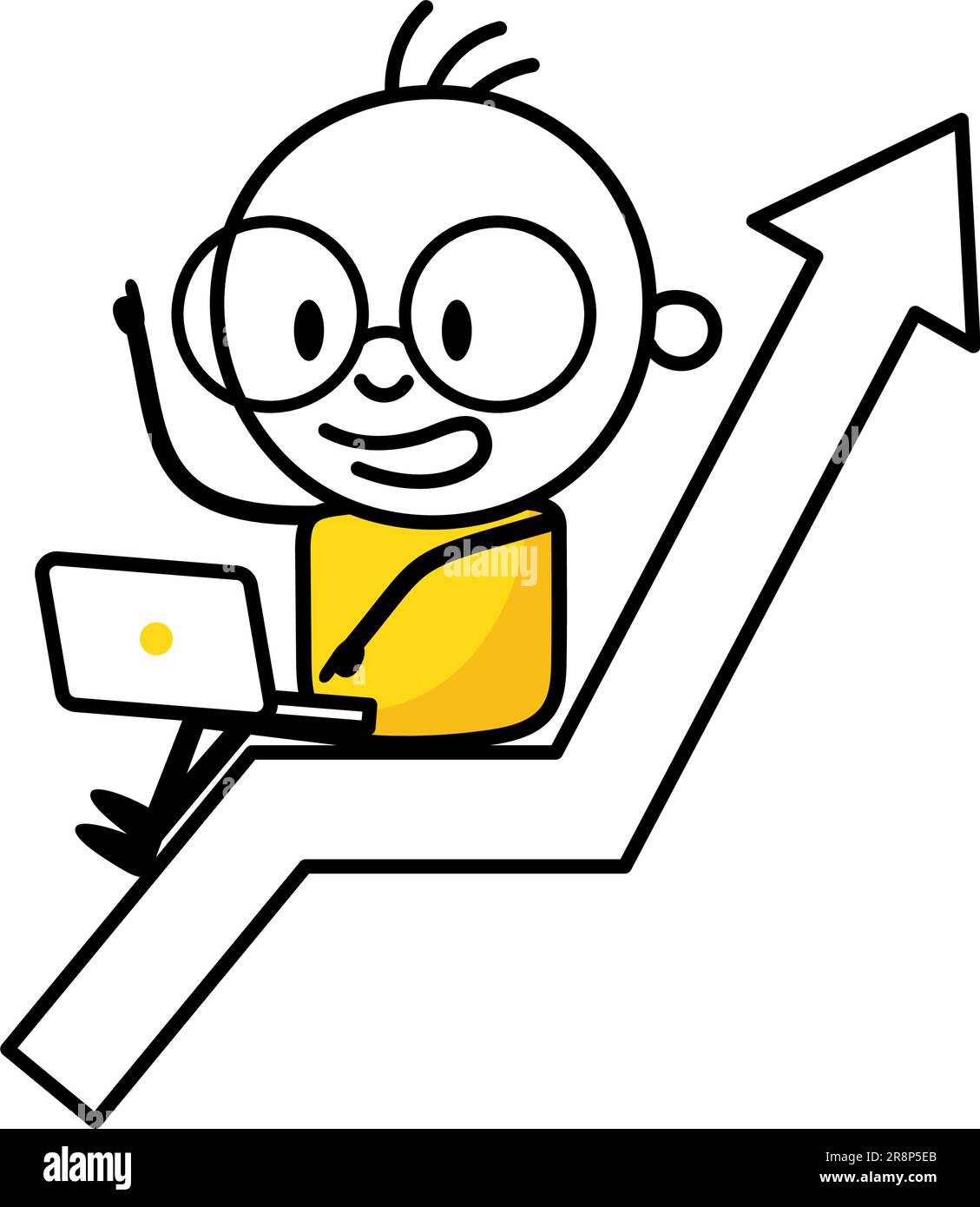 Comic-Mann sitzt auf Pfeil mit Laptop. Gewinnwachstum, wirtschaftlicher Aufschwung oder wachsende Investitionen, Finanzprognosen oder Prognosekonzept, Erfolg Stock Vektor