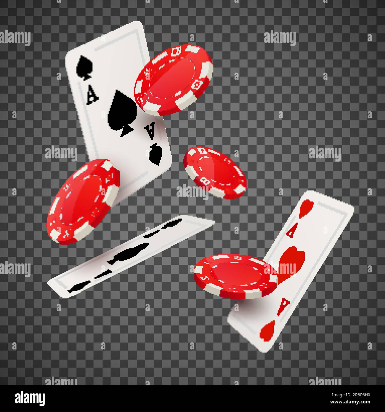 Poker Casino Chip Flying Card Vektor isolierter transparenter Hintergrund. Designkonzept für Red Gamble Poker Casino-Chips. Stock Vektor