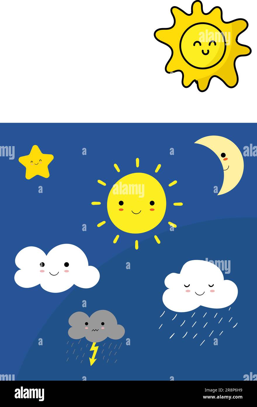 Set von kawaii Stern, Mond, Sonne, Gewitter und Wolken mit Regen isoliert auf dunkelblauem Hintergrund. Baby niedlichen hellen Farben. Vektorgrafik Stock Vektor