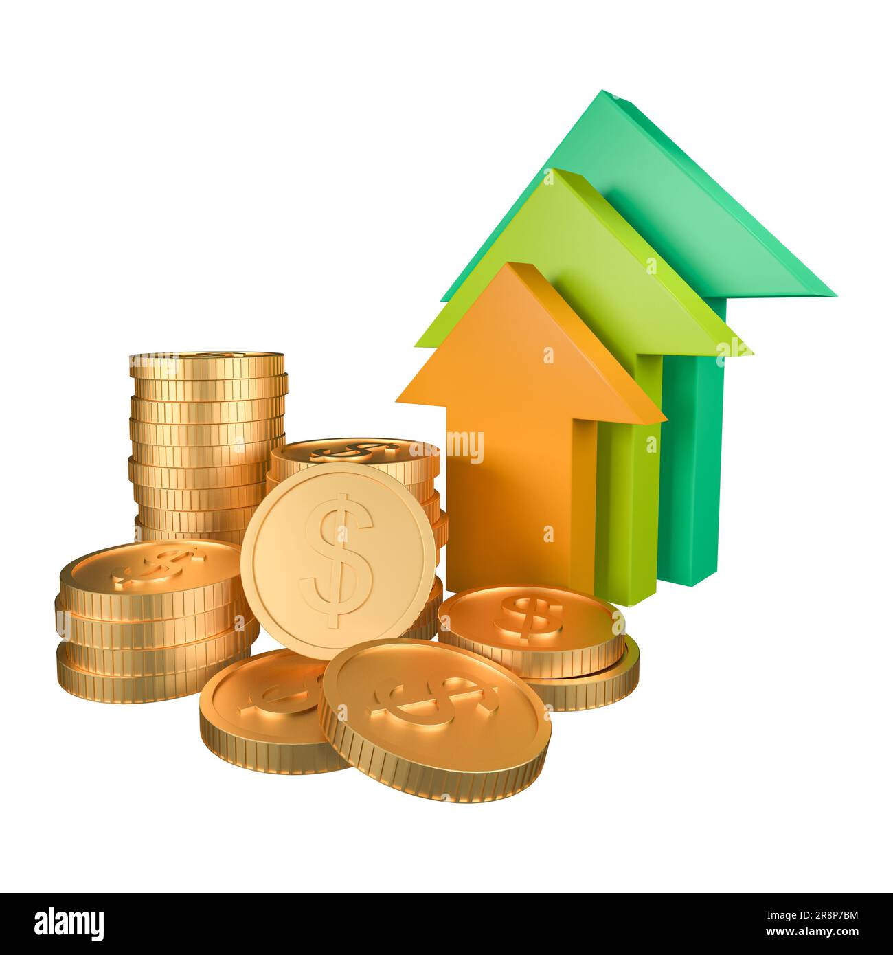 Stapel goldener Münzen und Pfeil-nach-oben-Balken auf weißem Hintergrund. Geld steigender Wert, erfolgreiches Investitionskonzept für Finanzunternehmen, 3D-Rendering Stockfoto