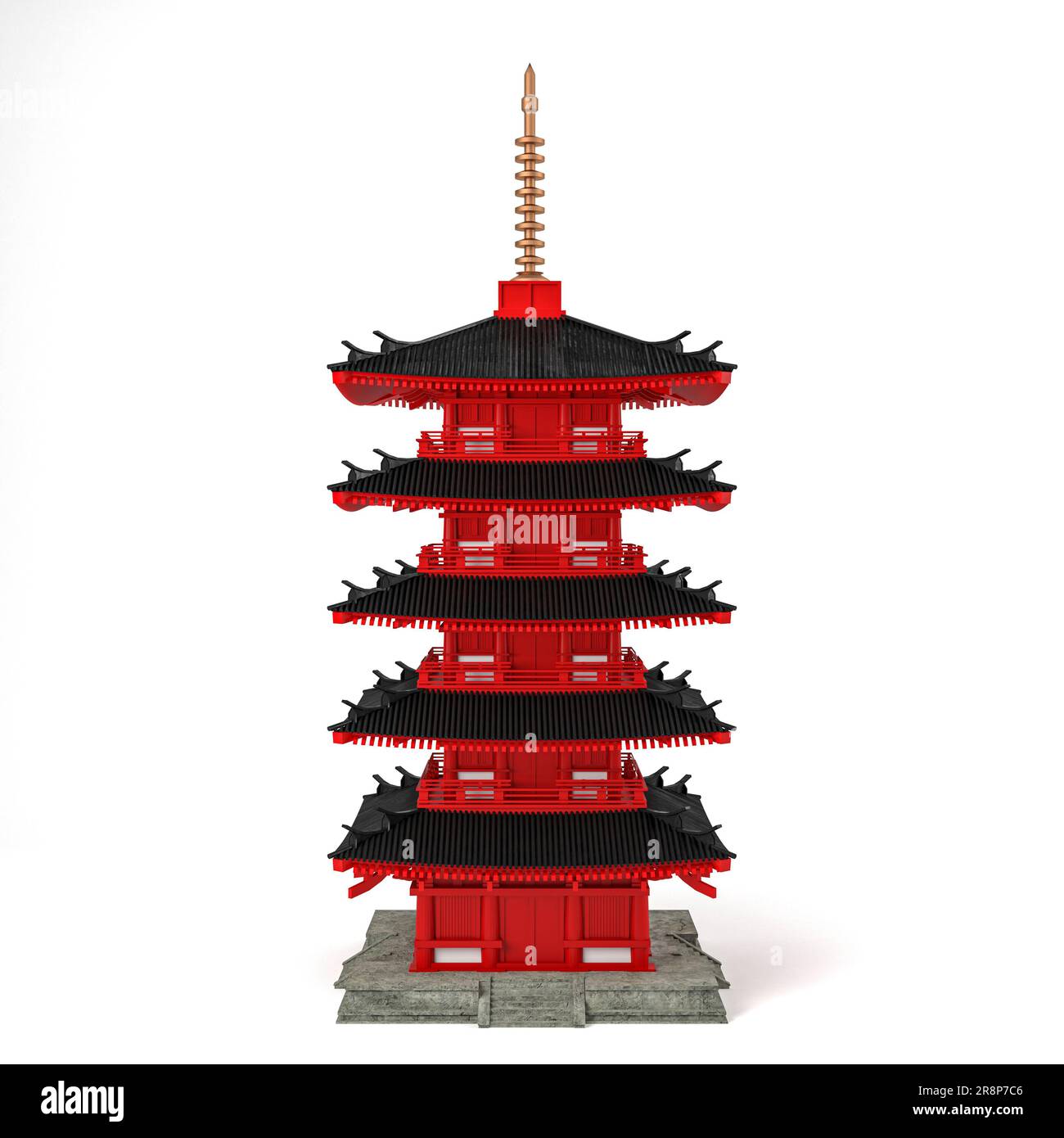 Niederpoly japanische antike Pagode isoliert auf weißem Hintergrund, 3D-Rendering Stockfoto