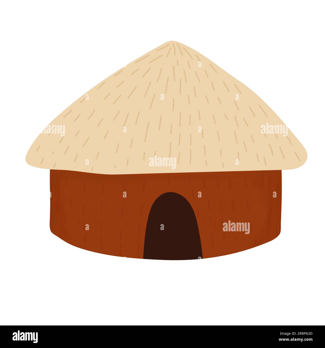Afrikanisches Haus mit Strohdach isoliert auf weißem Hintergrund. Hellbraune Tonwände. Handgezeichneter Zeichentrickfilm mit kleinem Eingang und großem Dach. Stock Vektor