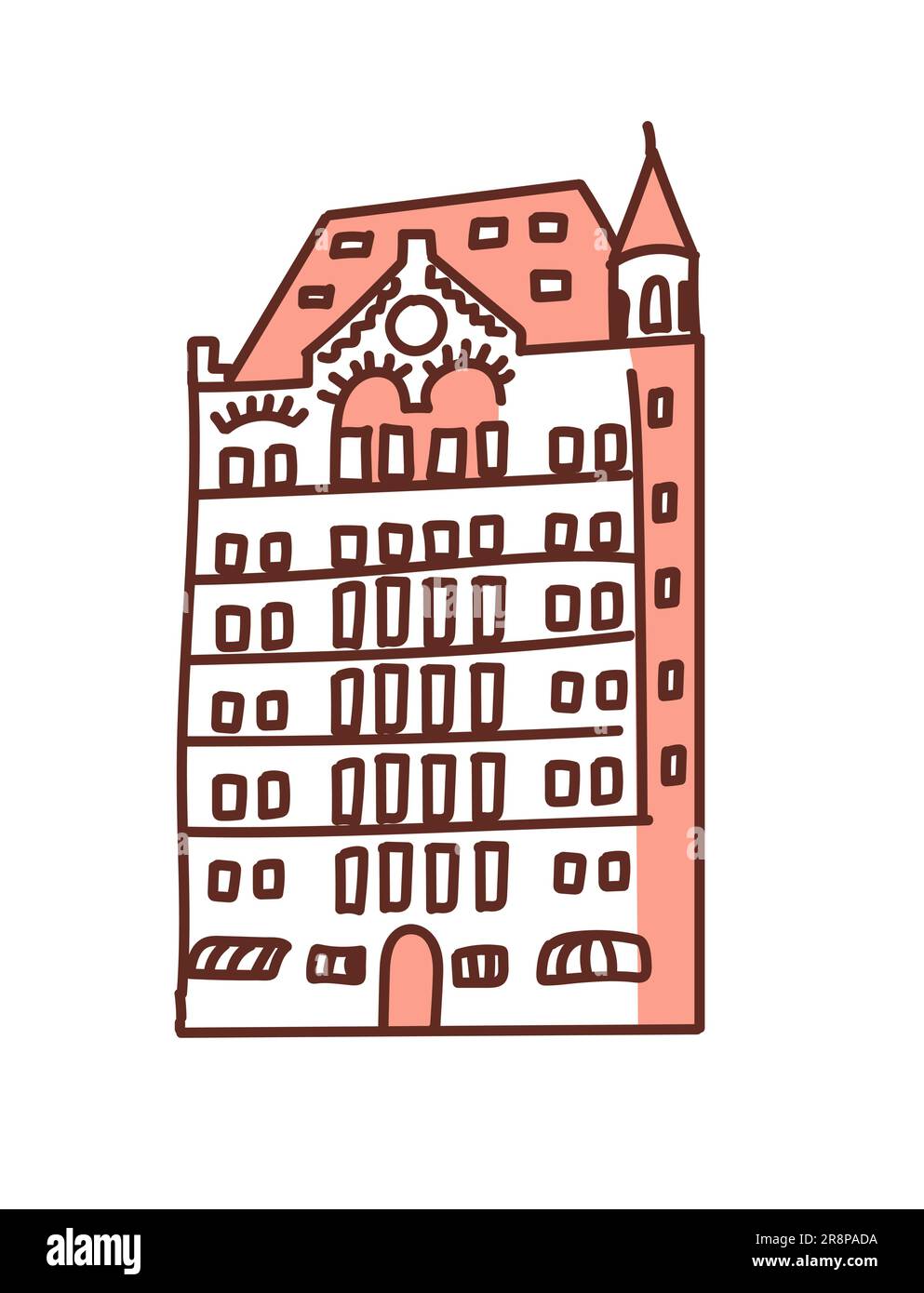 Rosafarbenes Stadthaus im klassischen Stil mit Säulen mit Hauptstädten. Alte Universität oder Museum. Vektordarstellung isoliert auf weißem Hintergrund Stock Vektor