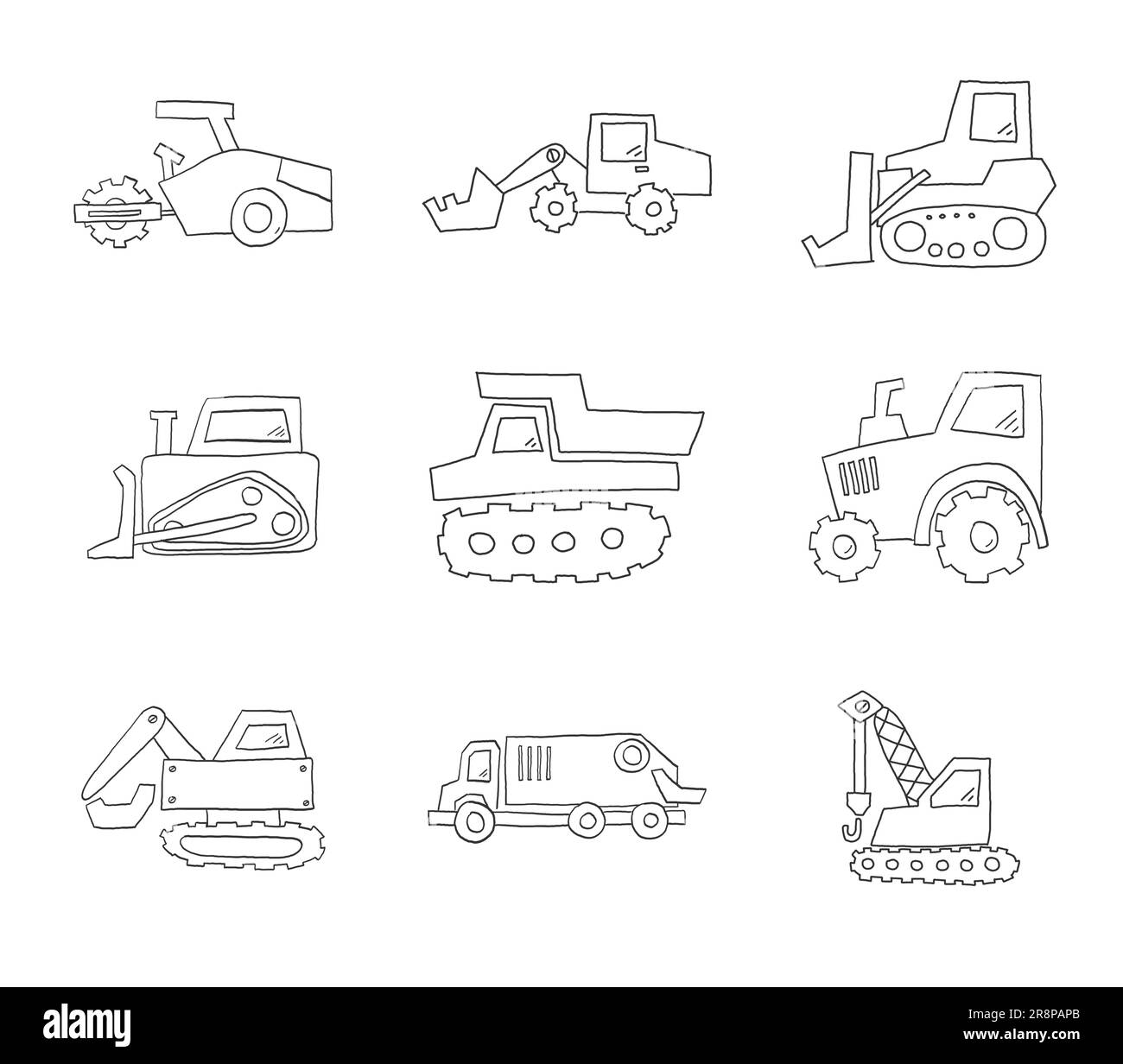 Handgezeichnete Zeichnung einer Icon-Serie für den Transport. Einfache Symbole mit verwackelten Linien. Traktor, Bulldozer und Kipplaster. Set von Baumaschinen Stock Vektor