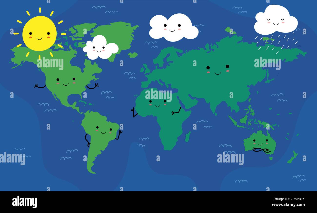 Hell illustrierte Karte der Welt mit kawaii niedlichen Kontinenten, Sonne, Wolken für Vorschulkinder, Schüler, zu Hause Schulbildung. Einige Wasserschwänge auf dem Meer Stock Vektor