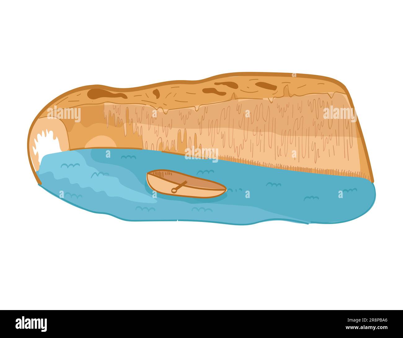 Eine natürliche Höhle am Meer mit einem großen Eingang und Stalaktiten oben. Türkisfarbenes Wasser und beige helle Höhle. Vektordarstellung auf weiß isoliert Stock Vektor