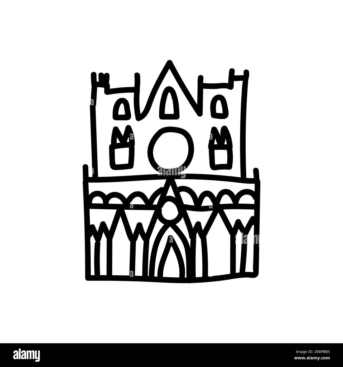 Tempel von Marseille. Handgezeichnete Doodle-Vektor-Illustration isoliert auf weißem Hintergrund. Einfache Zeichnungen mit schwarzer Farbe. Stock Vektor