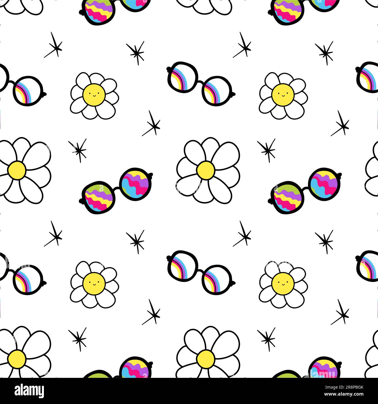 Nahtloses Muster mit 70s-Elementen im Retro-Look, schlichte Hippie-Symbole. Farbige Gänseblümchen, Pilze, Stimmung, Sterne, Sonnenbrille. Stock Vektor