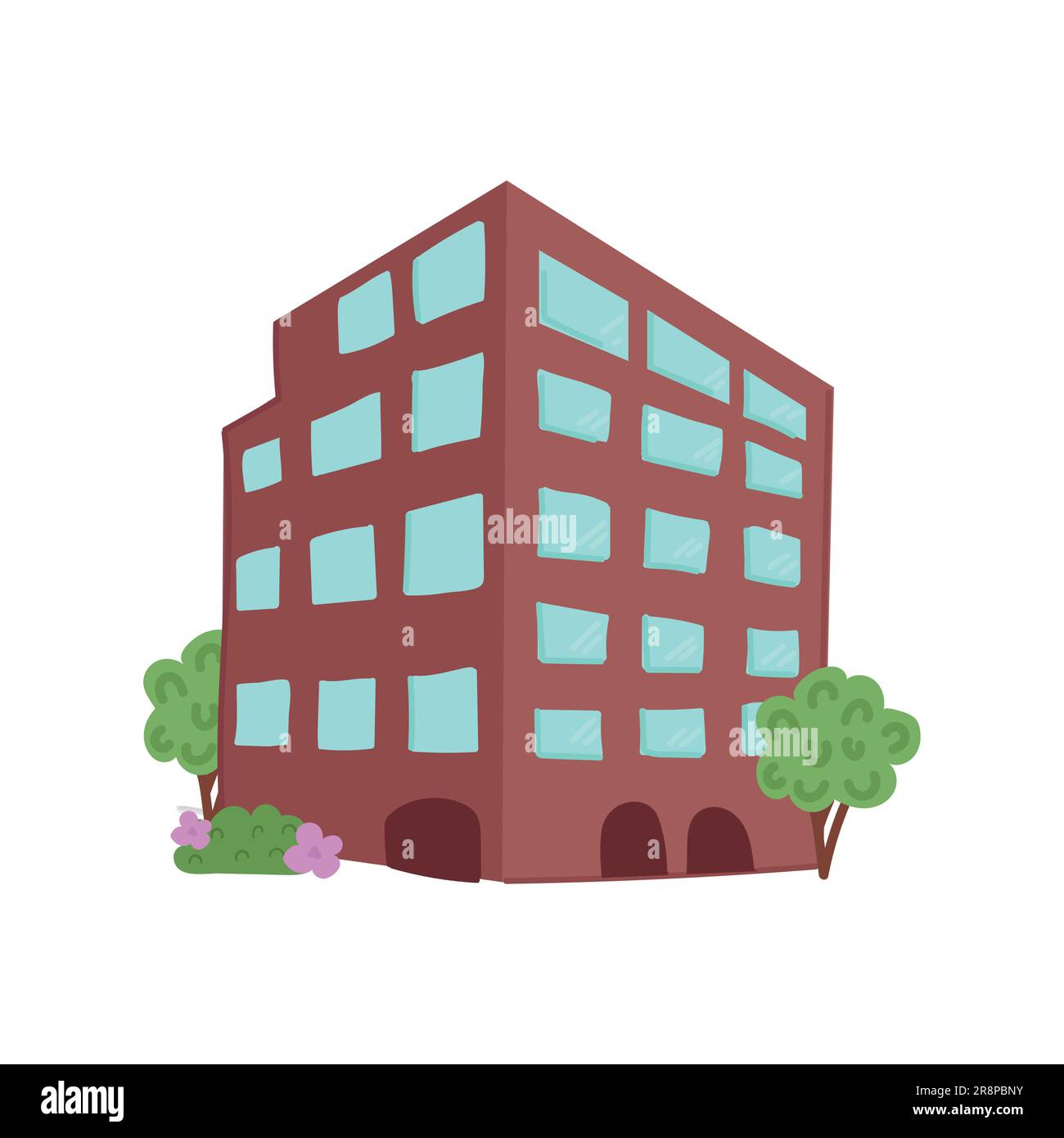 Symbol „Hausaußenseite“. Architektur von Wohnstädten. Traditionelle Wohnungsdesigns. Handgezogenes Immobilienobjekt mit Fenstern, Türen und Pflanzen. Stock Vektor