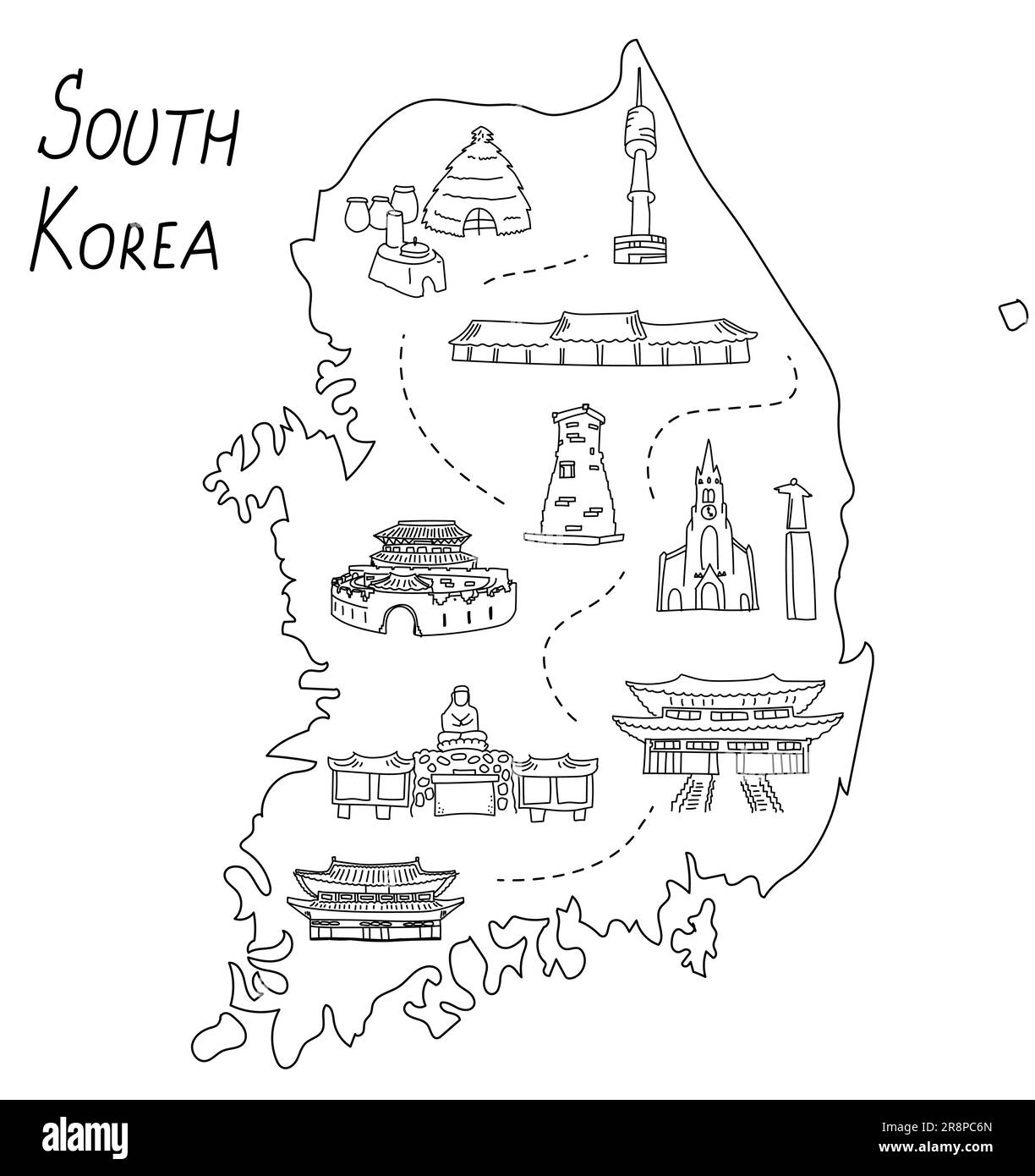 Südkorea skizzieren eine illustrierte Karte. Die berühmtesten koreanischen Wahrzeichen, Tempel und Gebäude. Von Hand gezeichnete Vektorelemente Stock Vektor