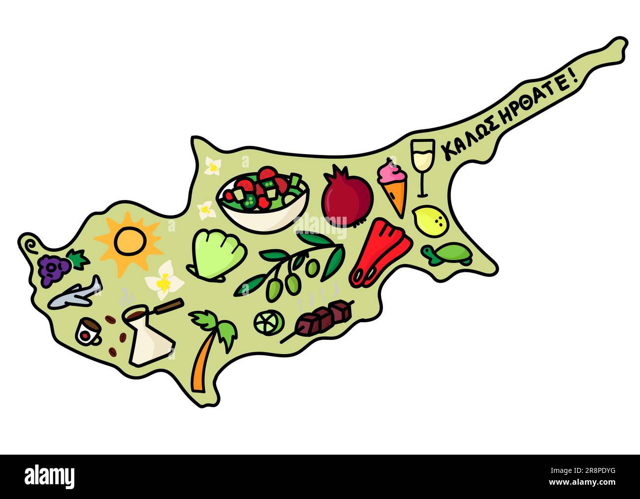 Illustrierte Karte von Zypern mit Symbolen und Wahrzeichen. Handgezeichnete Kritzelvektordarstellung, isoliert in Weiß. Stock Vektor