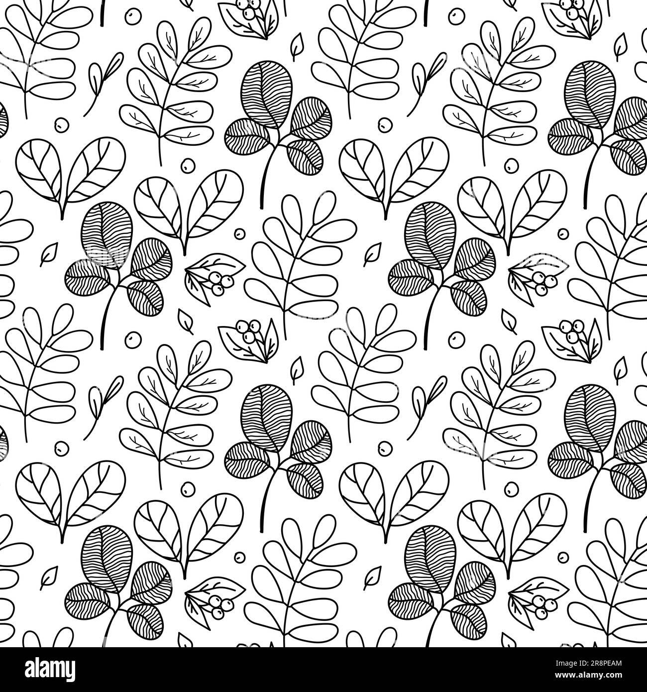 Handgezeichnetes, nahtloses Blumenmuster mit Kritzelblättern verschiedener Formen. Blumen, Pflanzen, Beeren. Vektordarstellung Stock Vektor