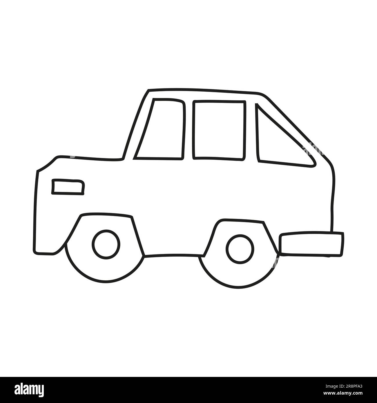 Hand gezeichnet Doodle Jeep Auto für Kinder ausmalen. Einfache Linie, Altersgruppe 2 - 4. Große Mashines, LKW, havy Fahrzeug Transport. Vektorgrafik Stock Vektor