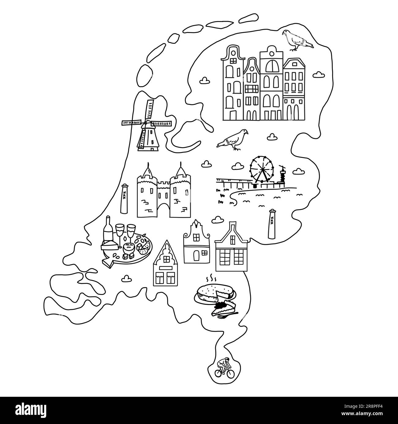Doodle illustrierte Karte der Niederlande. Reiseanschauung mit niederländischen Wahrzeichen, Gebäuden, Speisen und Pflanzen. Lustige Infografiken für Touristen. National sy Stock Vektor