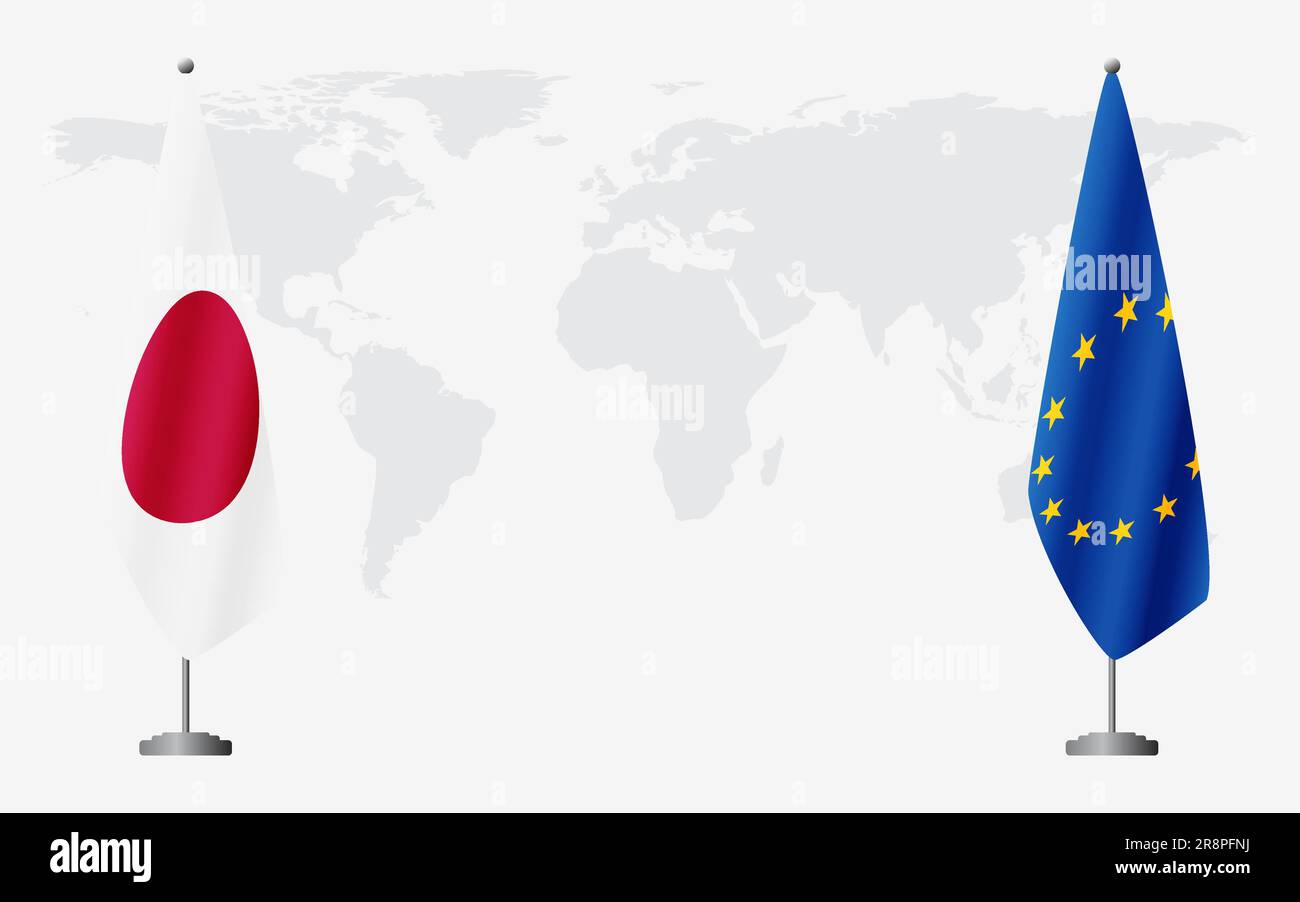 Flaggen Japans und der Europäischen Union für eine offizielle Tagung vor dem Hintergrund der Weltkarte. Stock Vektor