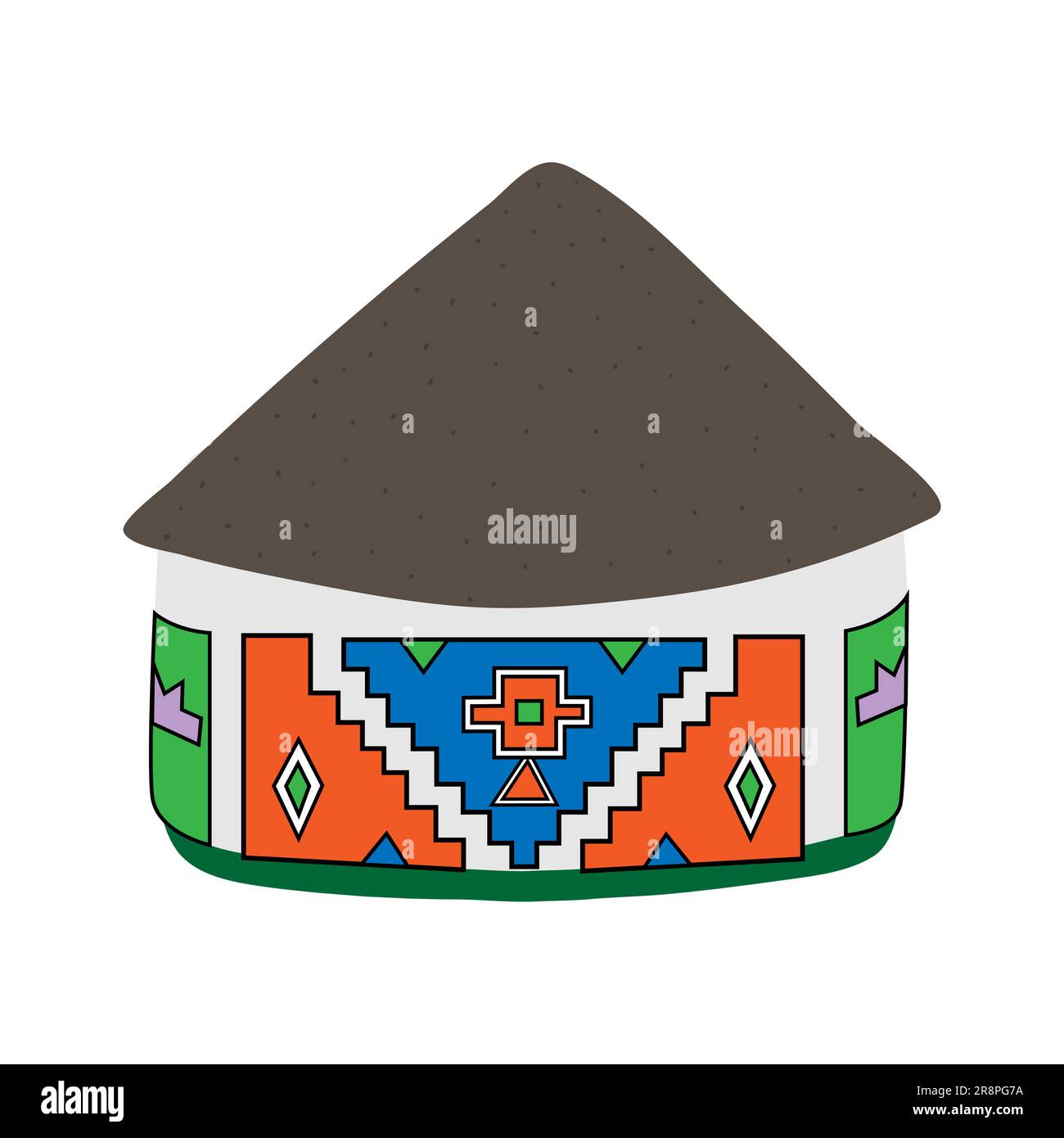 Afrikanisches Ndebele-Haus mit grauem Strohdach, isoliert auf weißem Hintergrund. In hellen Farben gehaltene Tonwände. Geometrisches Muster. Handgezeichnetes Kritzelchen Stock Vektor