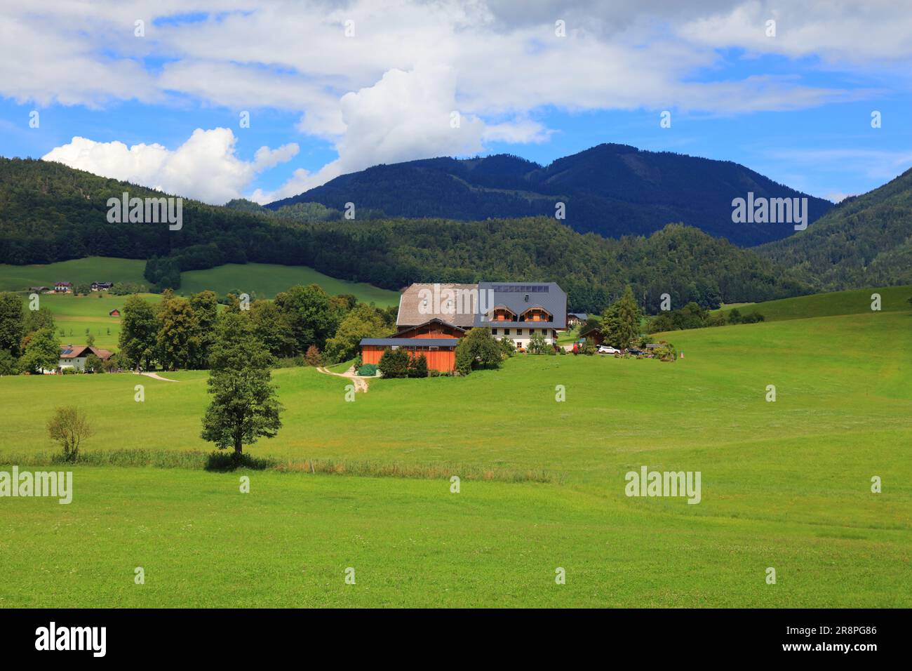 Österreichischer Sommer. Landschaftslandschaft in der Nähe von Bad Ischl im Salzkammergut. Grüne Weiden, landschaftliche Landschaft. Stockfoto
