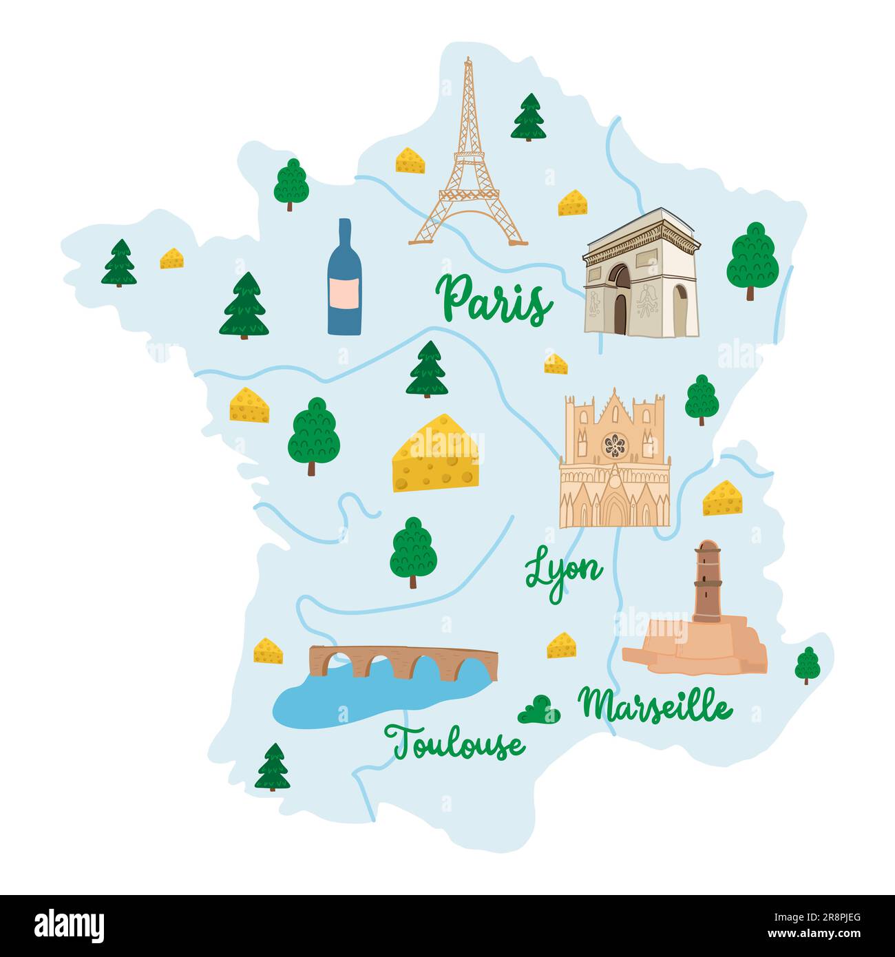 Handgezeichnete illustrierte Karte von Frankreich mit Flüssen und Städten. Einige berühmte Wahrzeichen und nationale Symbole Eifelturm, Triumphbogen. Vektorgrafik Stock Vektor