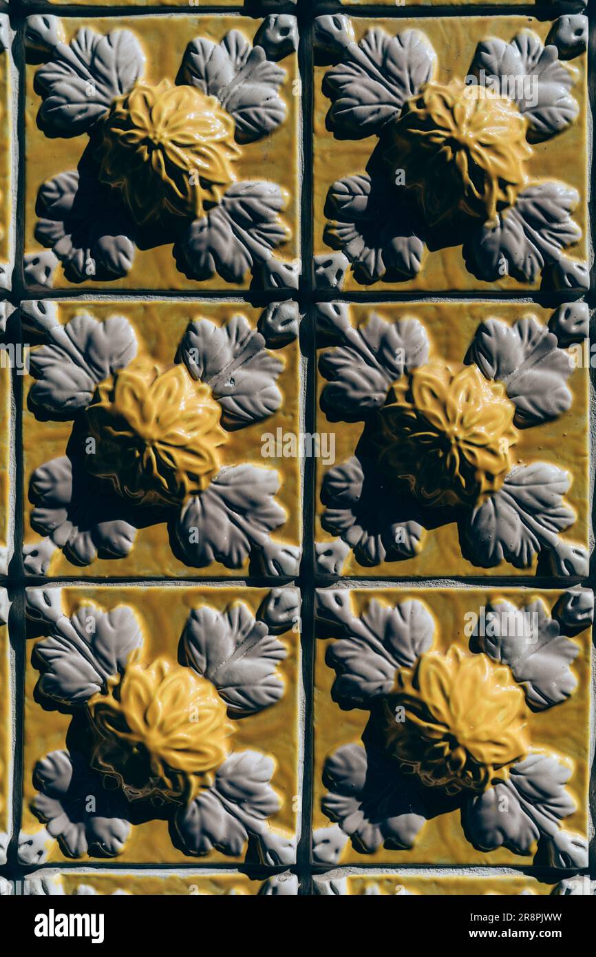 Die malerischen Straßen von Porto, Portugal, sind mit komplexen gelben und weißen Fliesenmustern geschmückt Stockfoto