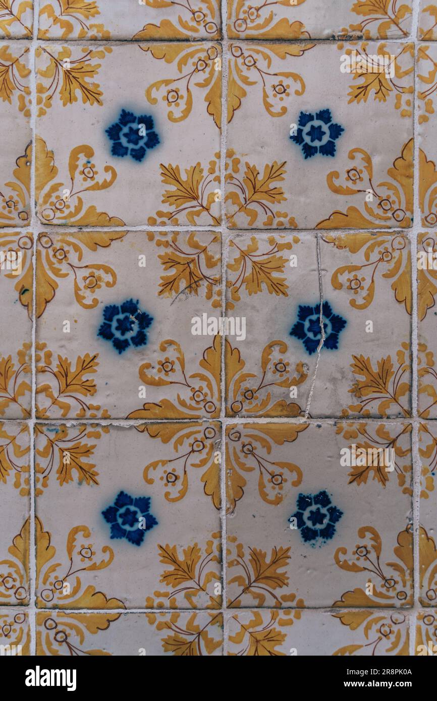 Die malerischen Straßen von Porto, Portugal, sind mit komplexen gelben und weißen Fliesenmustern geschmückt Stockfoto