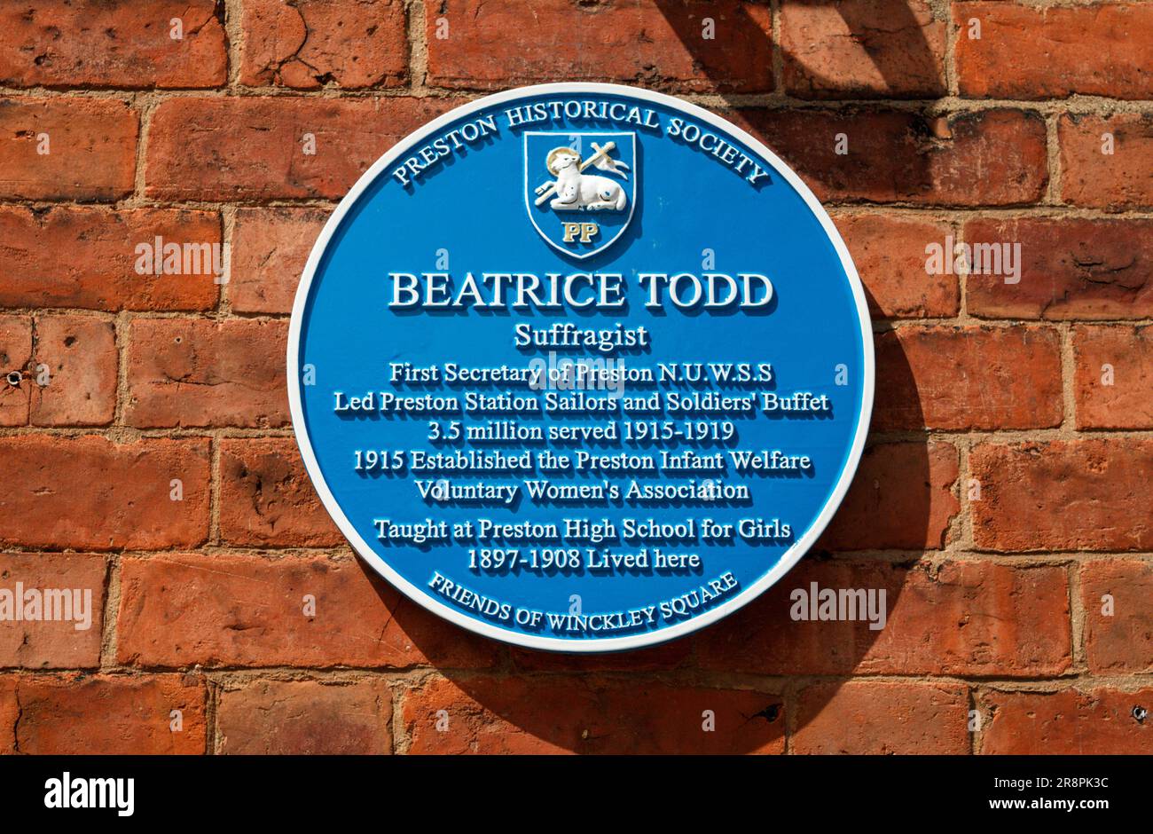 Beatrice-Todd-blaue Plakette. Starkie Street, Preston. Stockfoto