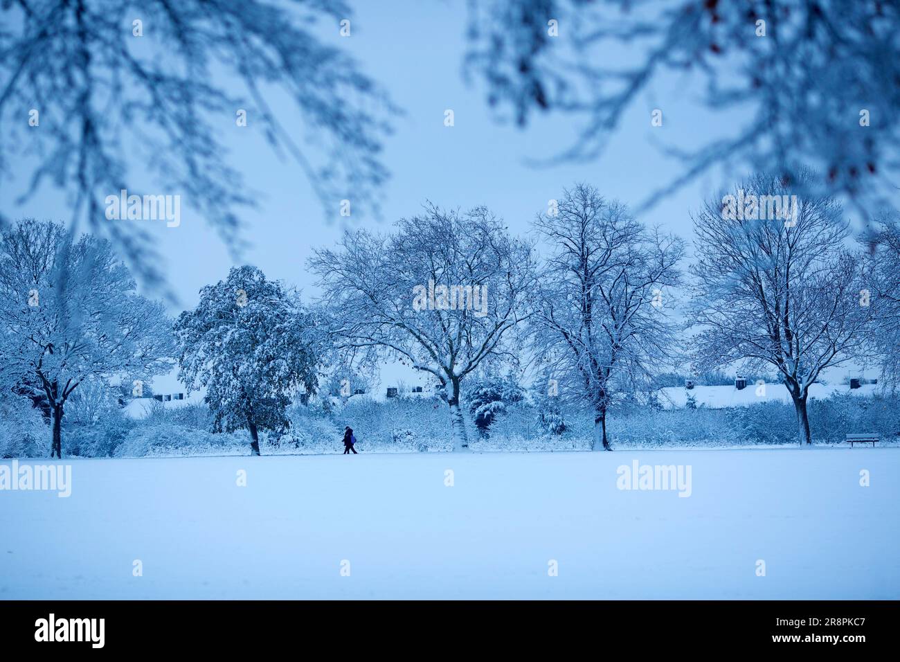 Ein schneebedeckter Park in Ilford, East London. Stockfoto