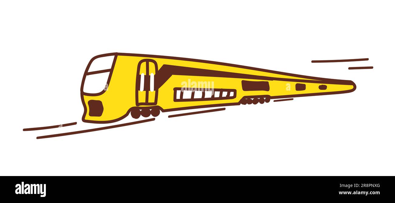 Der handgezogene Doodle-Zug fährt auf den Gleisen. Gelber Transport mit Fenstern. Vektordarstellung auf weiß isoliert Stock Vektor