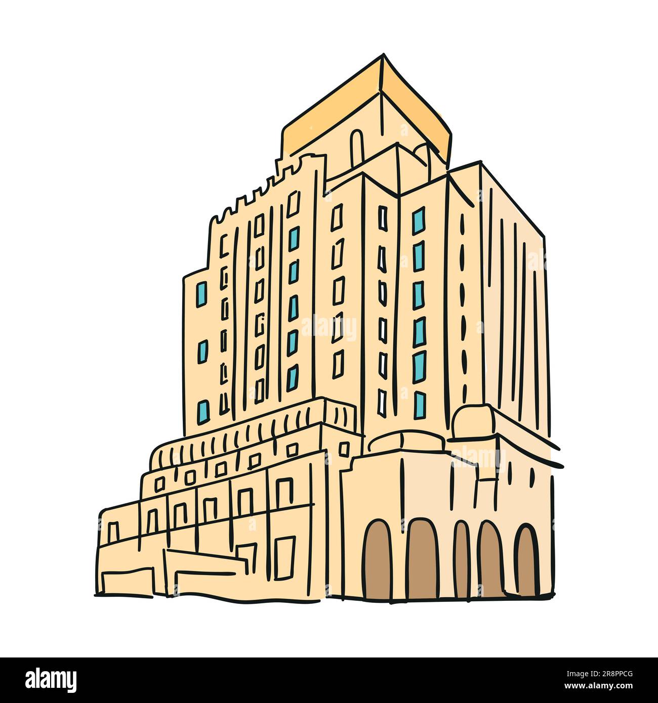 Farbige Doodle handgezeichnete Skizze des modernen hohen Gebäudes mit Fenstern. Schwarzer Umriss. Vektorgrafik isoliert auf weißem Hintergrund Stock Vektor