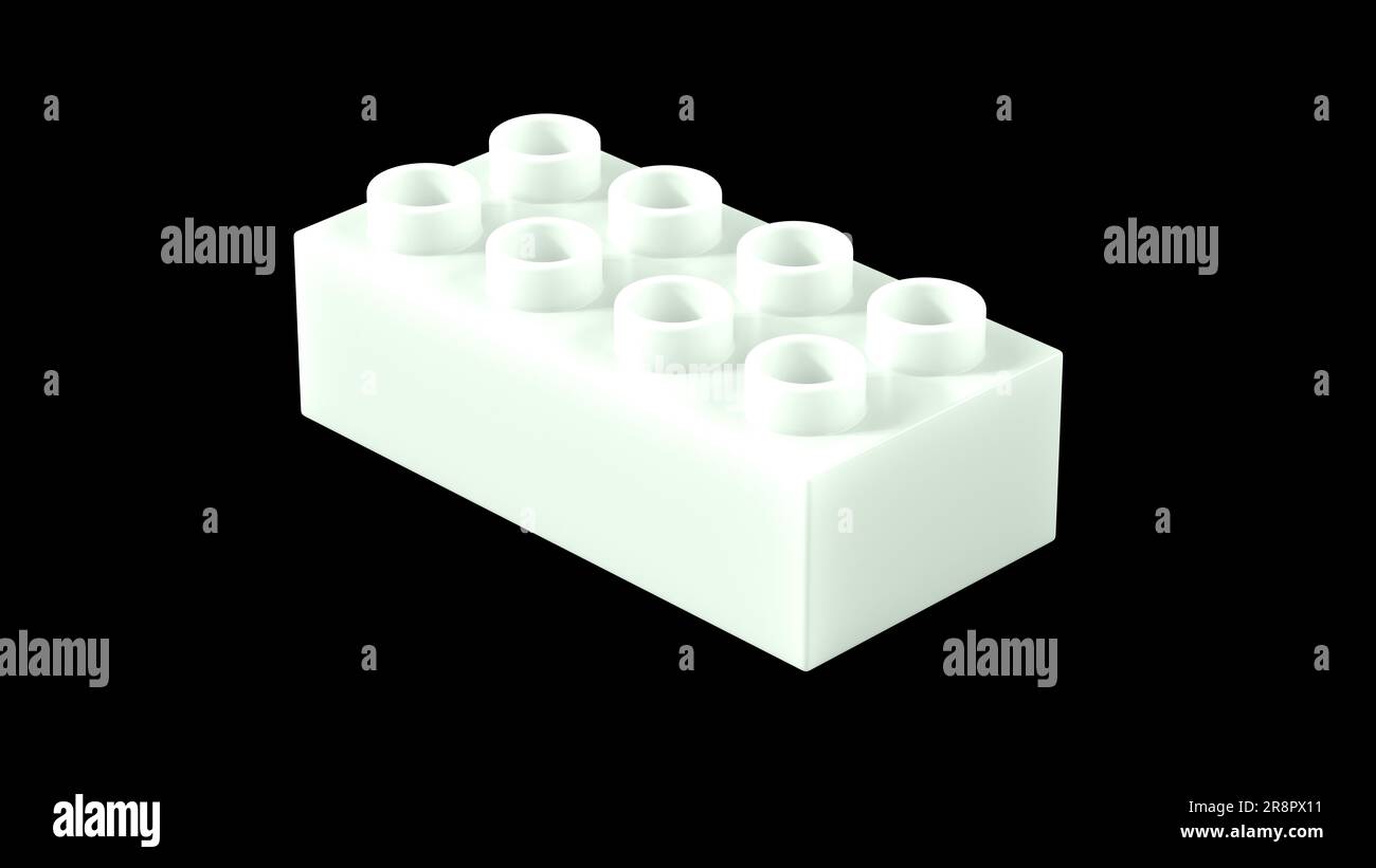 Lego-Block aus Honigtau-Kunststoff, isoliert auf schwarzem Hintergrund. Kinderspielzeug, Perspektivischer Blick. Nahaufnahme eines Spielblocks für Baumeister. 3D Abbildung. 8K Ultra HD, 7680x4320, 300 dpi Stockfoto