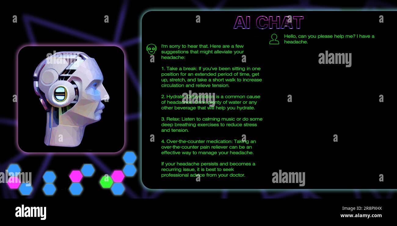 Fiktive Chat-Oberfläche für Gespräche mit Chat-KI. Links ist ein Roboter aus Polygonen. Auf der rechten Seite befinden sich die Textnachrichten. Die Texte sind da Stockfoto