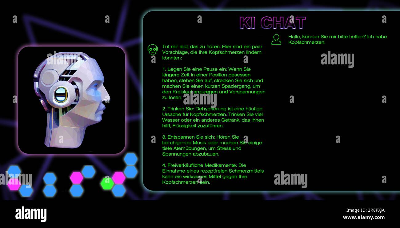 Fiktive Chat-Oberfläche für Gespräche mit Chat-KI. Links ist ein Roboter aus Polygonen. Auf der rechten Seite befinden sich die Textnachrichten. Die Texte sind da Stockfoto