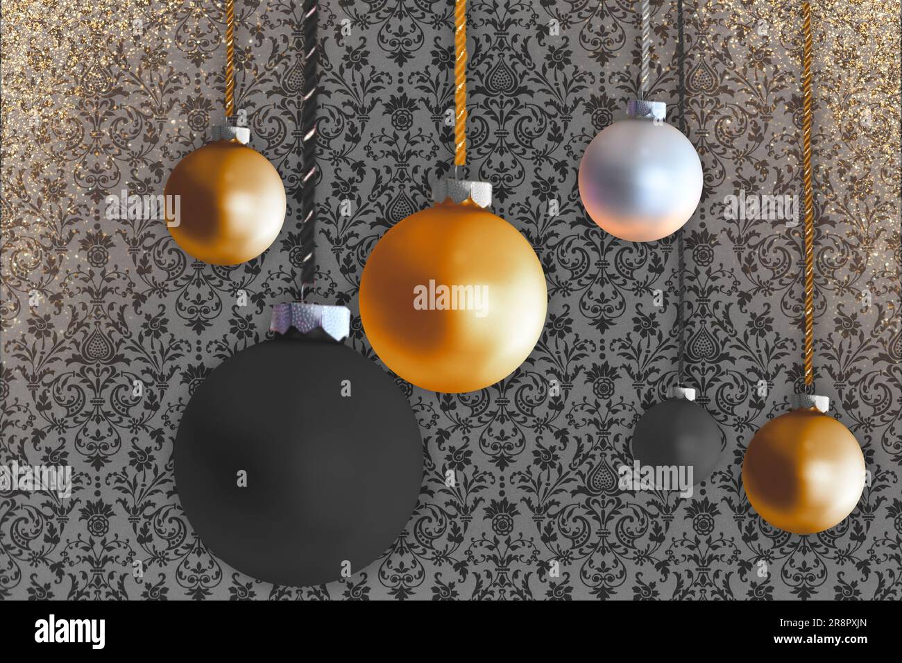 Weihnachtsbäume in Bronze, Schwarz und Weiß hängen an den Kordeln. Im Hintergrund befinden sich gemustertes Papier und goldener Glitzerstaub. Stockfoto