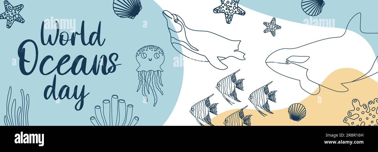 Vektor Ozean Illustration mit Killerwal, Quallen, Pinguin, Skalaria, Korallen. Weltmeertag - Moderne Beschriftung. Unterwassertiere. Ökologie Stock Vektor