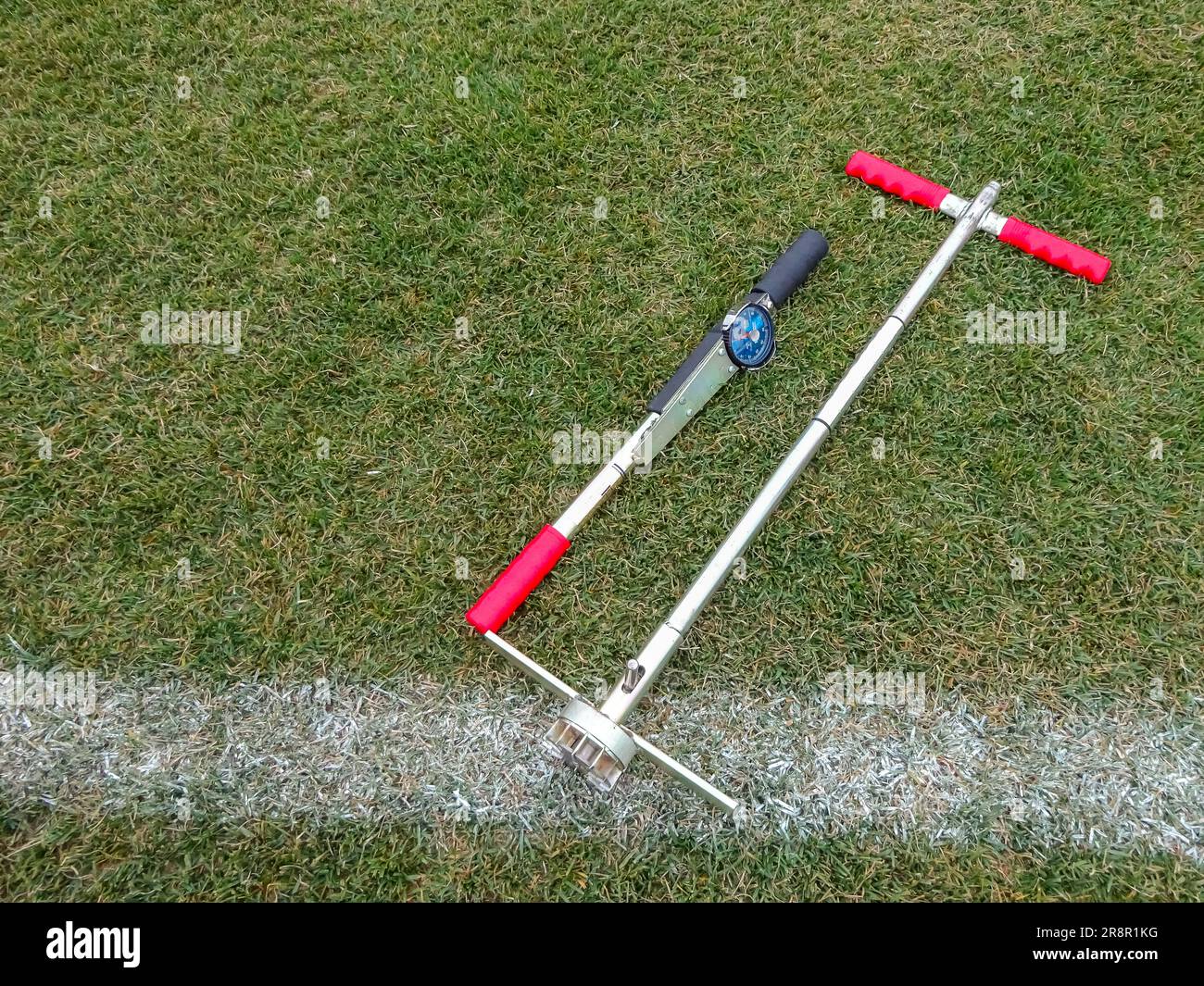 Testgeräte für natürliches Gras, Rasen, Scherbelastung für Sportplätze. Stockfoto