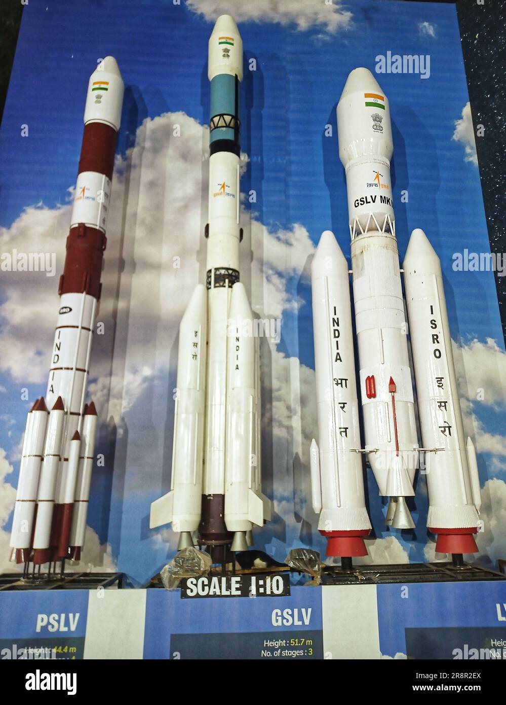 isro, indische Raketen, ISRO Indische Weltraumforschungsorganisation, Satellitenstartfahrzeug-Raketenmodell, pslv, gslv, indische Weltraumforschung, Raumfahrttechnologie Stockfoto