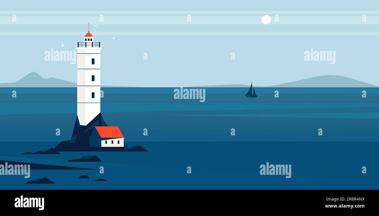 Leuchtturmlandschaft. Die Silhouette des Cartoon-Leuchtturms am Strand, das Navigations-Leuchtturmgebäude an der Küste in der Abenddämmerung. Abbildung der Beleuchtung Stock Vektor