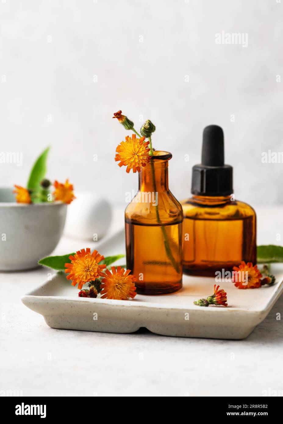Frische Orangenhaarblüten und ätherische Öle in Glasflaschen. Spa- oder Kräutermedizin-Konzept. Stockfoto