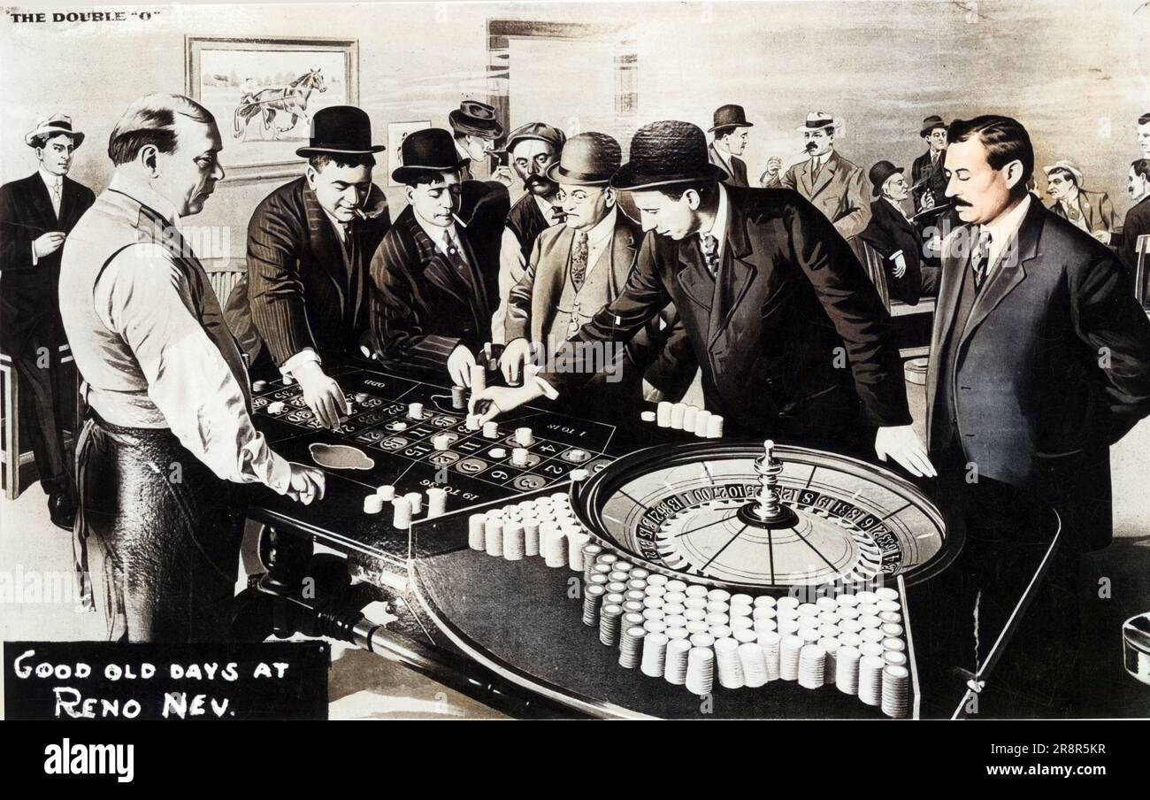 Spieler in einem Casino in Reno, Nevada, USA, ca. 1936, farbenfrohe Illustration. Stockfoto