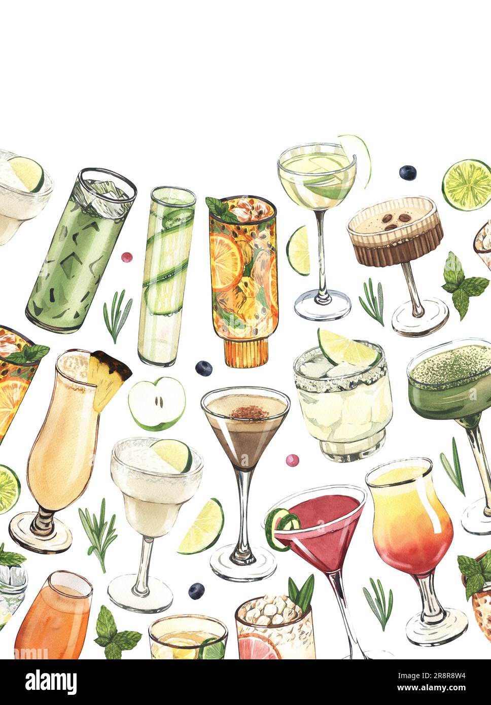 Aquarelle, Cocktailgläser: martini, Gin, margarita, Mojito, Schnaps, Rum, moskauer Muli. Handgezeichnete Darstellung isoliert auf weißem Hintergrund Stockfoto