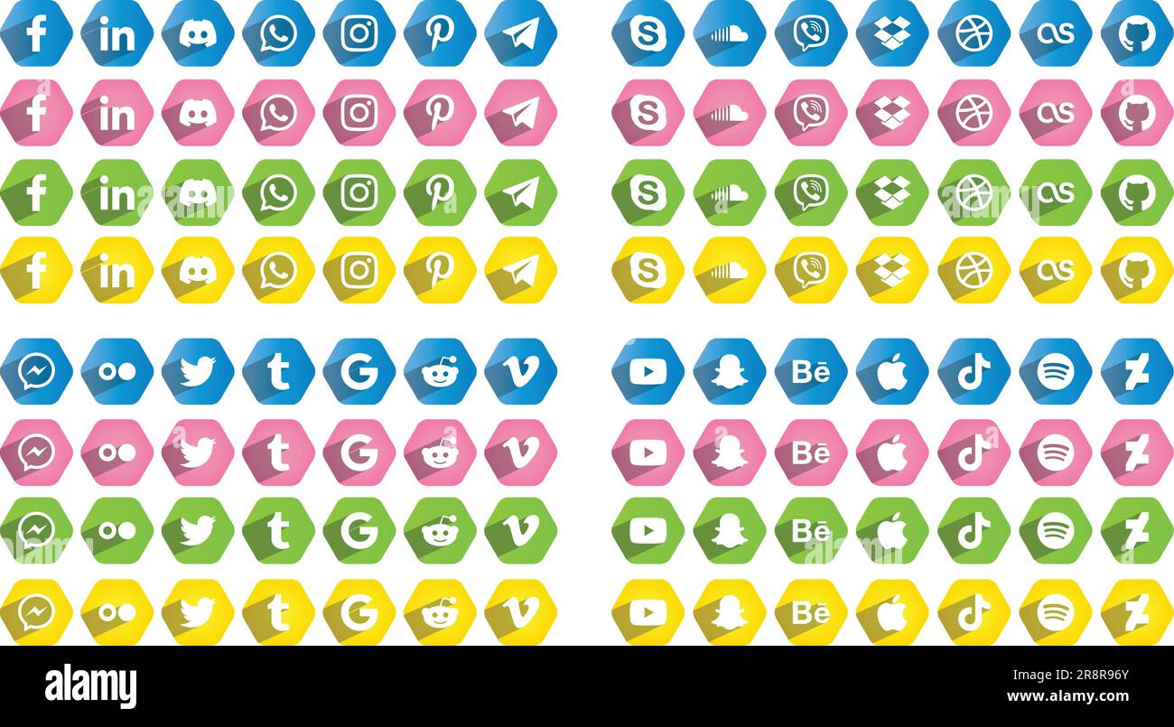 Farbenfrohe sechseckige Social-Media-Symbole, Logos 1 Stock Vektor