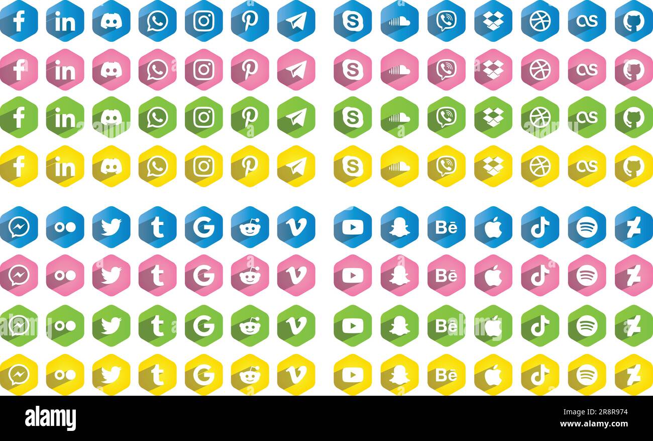 Farbenfrohe sechseckige Social-Media-Symbole, Logos 2 Stock Vektor