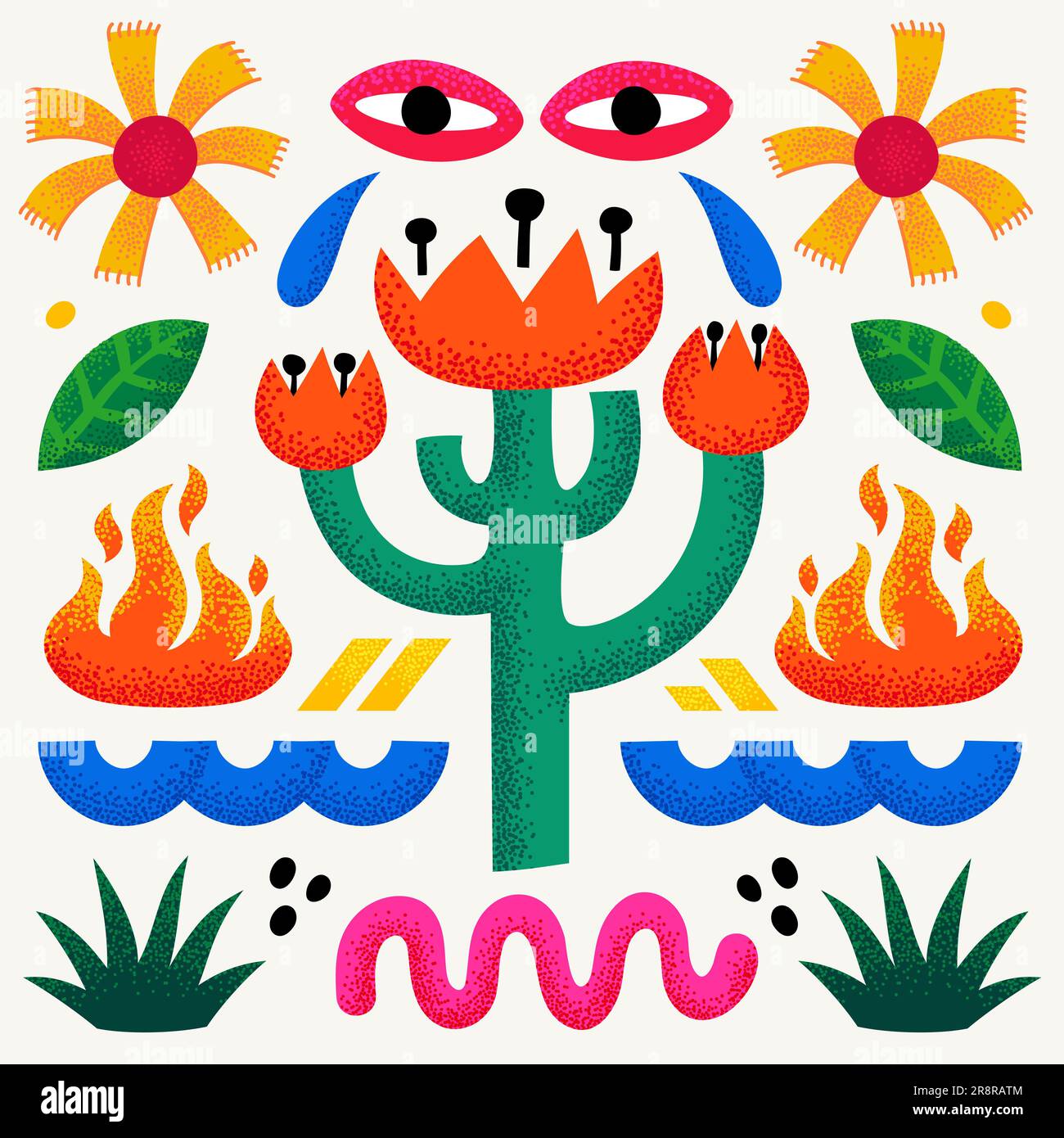 Fantasiewelt, süße abstrakte Komposition. Satz verschiedener Grafikelemente mit versteifter Textur. Handgezeichnete Illustration in einem markanten, modernen Stock Vektor