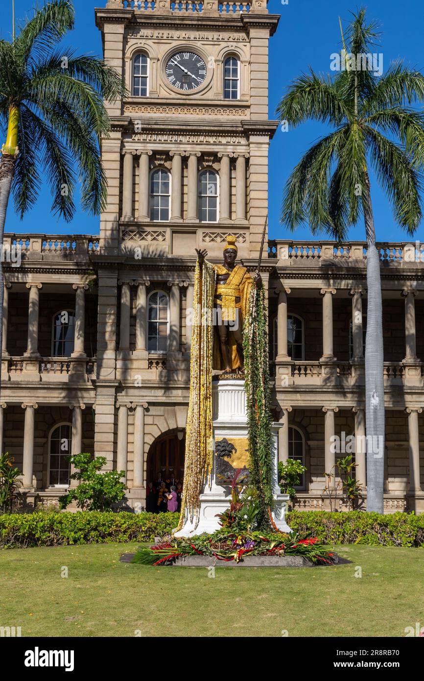 King Kamehameha Statue, Aliʻiōlani Hale, Honolulu, Oahu, Hawaii Stockfoto