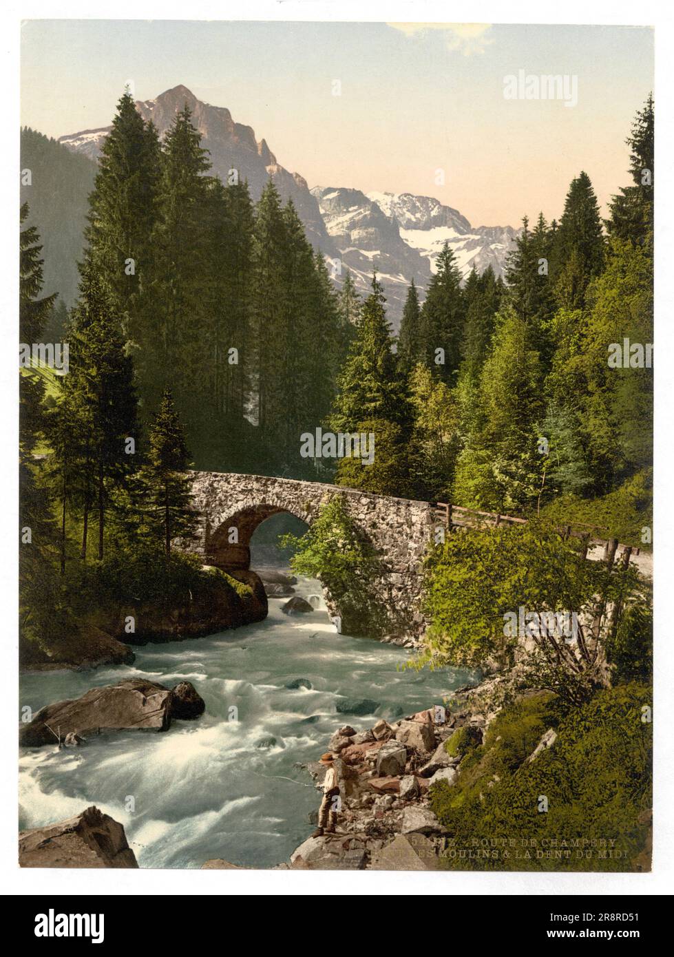 Moulins-Brücke und Dent du Midi auf der Straße nach Champéry, Monthey, Wallis, Schweiz 1890. Stockfoto