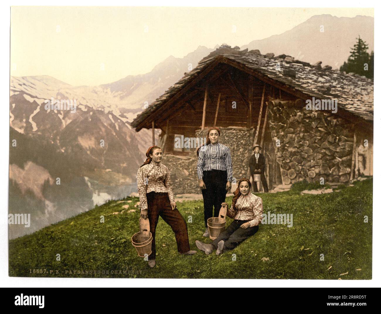 Drei Frauen vor einem Chalet, Champéry, Monthey, Wallis, Schweiz 1890. Stockfoto