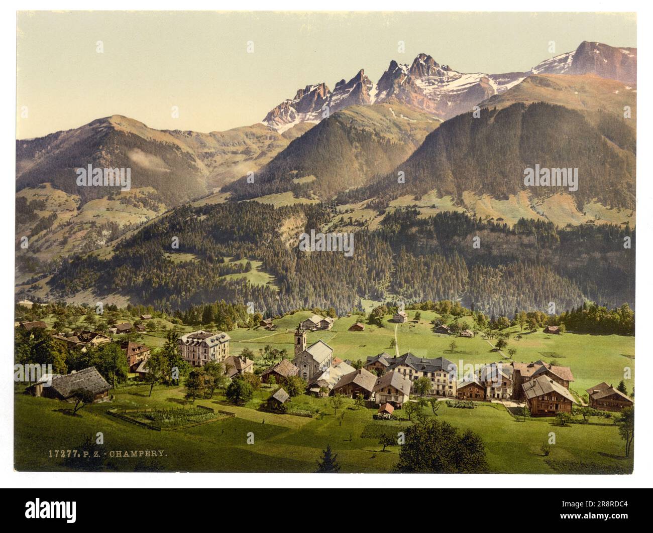 Blick auf Champéry, Monthey, Wallis, Schweiz 1890. Stockfoto