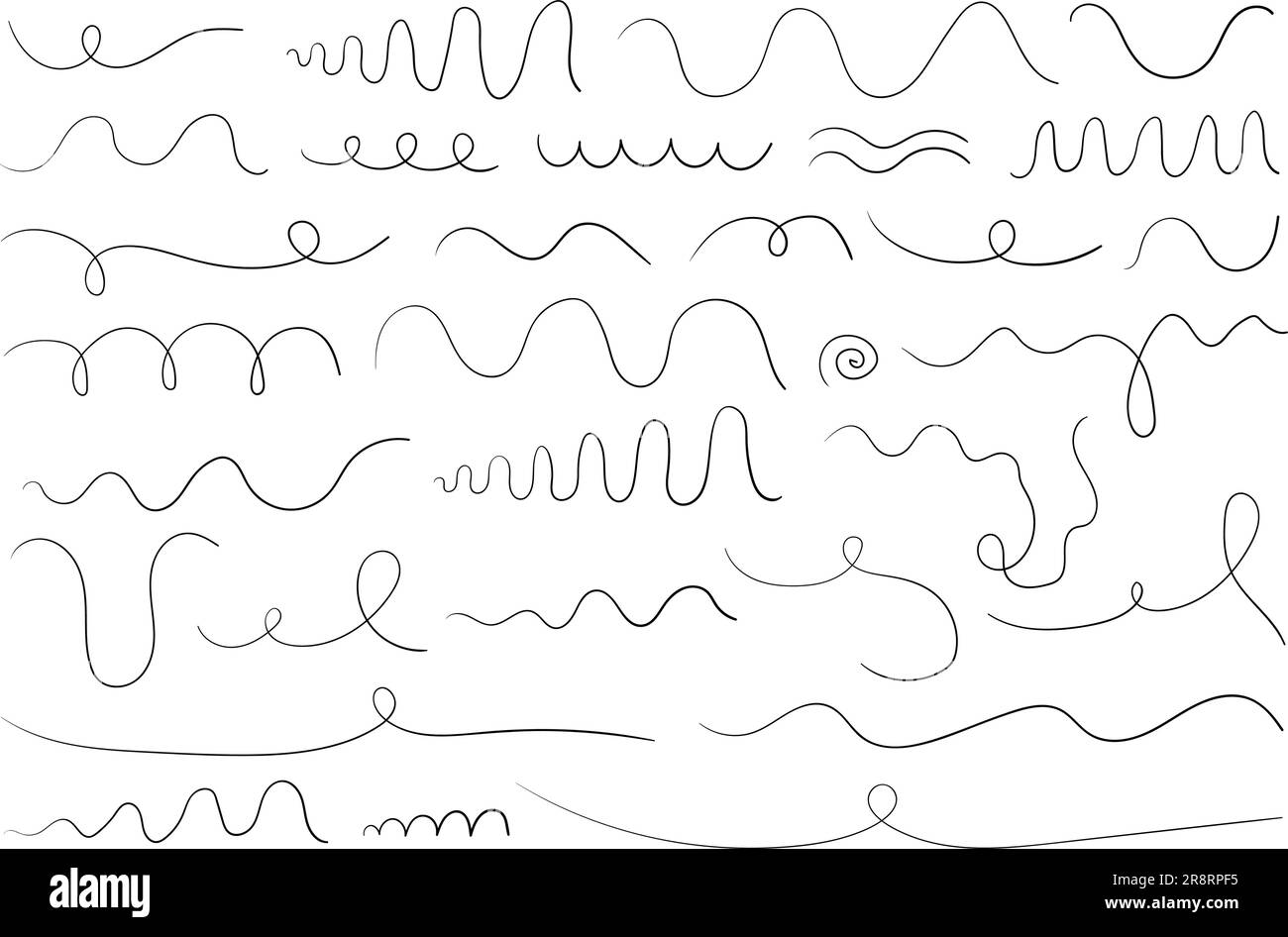 Handgezeichnete Kritzelspuren. Vektorsatz aus wellenförmigen verdrehten Kritzelelementen für Grafikdesign Stock Vektor
